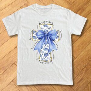 Coquette Easter Cross Graphic Tee Floral Bow White